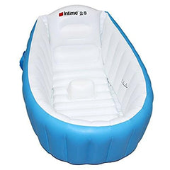 Blue SuperLi bathtub from the side, compact and portable for travel.
