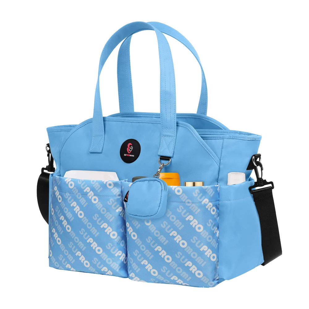 SUPROMOMI diaper tote front view with roomy main compartment for twins
