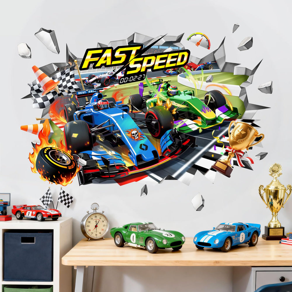 Supzone 3D racing car wall decal bursting through a wall adds dynamic energy to playrooms.