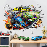 Supzone 3D racing car wall decal bursting through a wall adds dynamic energy to playrooms.