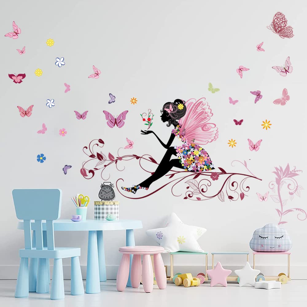 Supzone Butterfly Girl Wall Decal on bright wall for a playful kids' room.