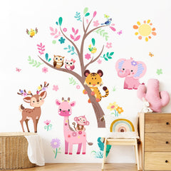 Supzone zebra wall decal complements the pink tree for playful contrast.