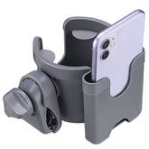Suranew adjustable stroller cup holder mounted on a handlebar for secure beverage access.