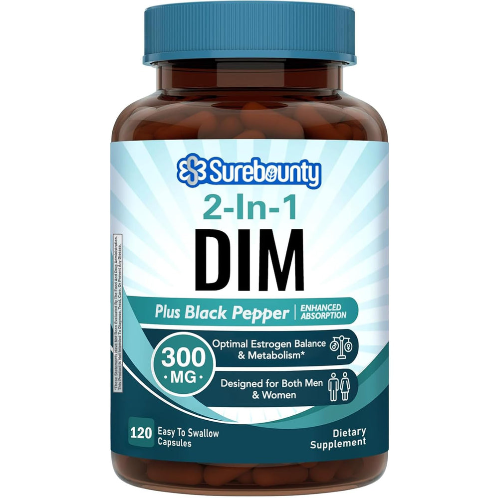 Surebounty DIM 300mg bottle highlights potency for daily hormone balance.