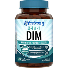 Surebounty DIM 300mg bottle highlights potency for daily hormone balance.