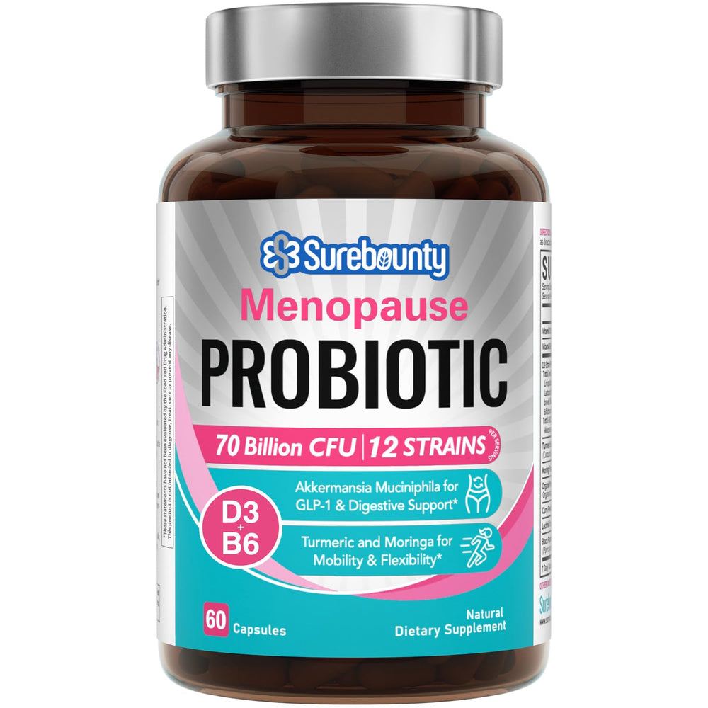 Surebounty menopause probiotic bottle with 60 capsules suggesting hormonal balance and gut comfort