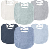 Susurration blue bandana bib front view shows soft muslin and drool protection for outfits