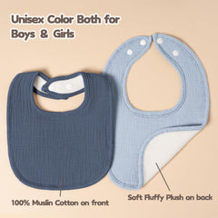 Susurration blue bib close-up highlights sturdy snaps and easy fastening.