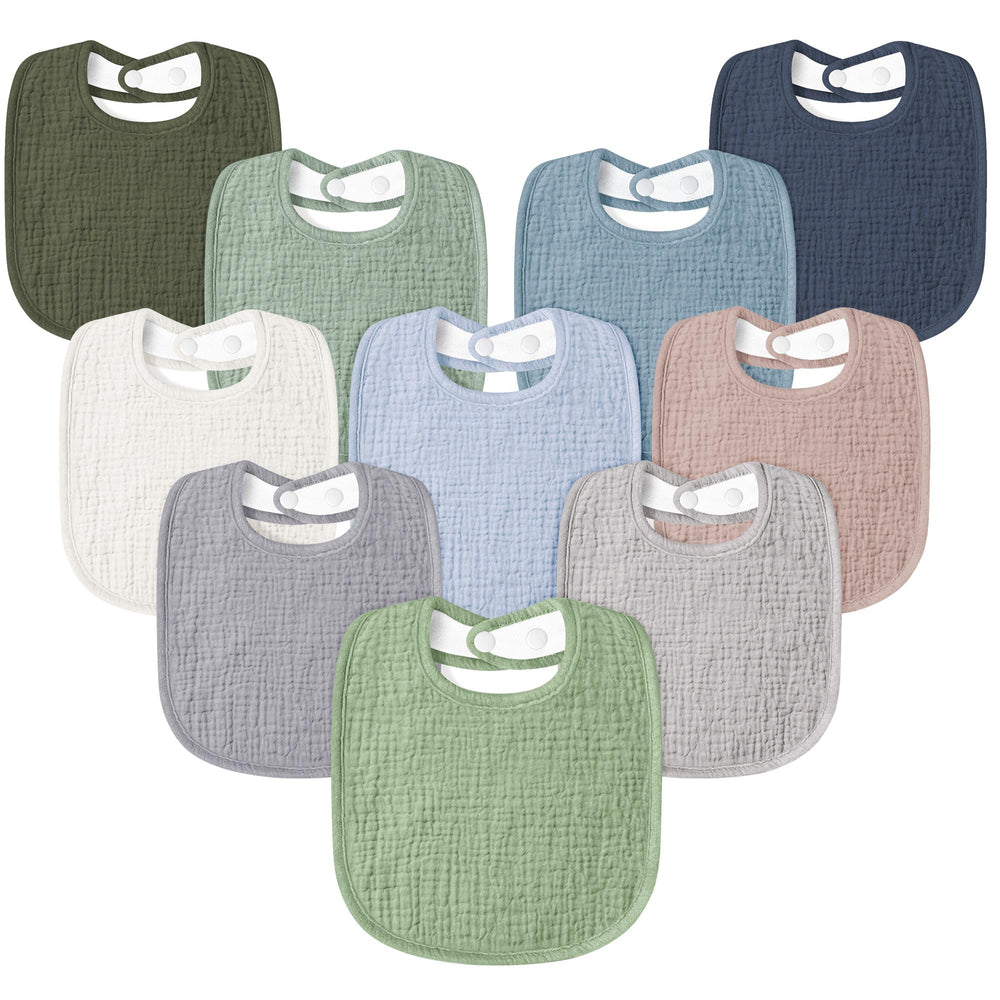 Susurration blue square muslin bib with adjustable snaps for a secure fit.
