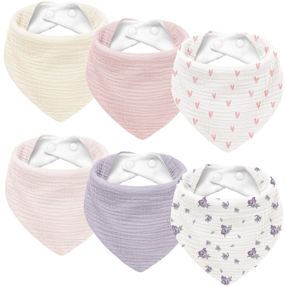 Susurration muslin baby bib flatlay 6-pack showcases soft absorbency for drool and mess.