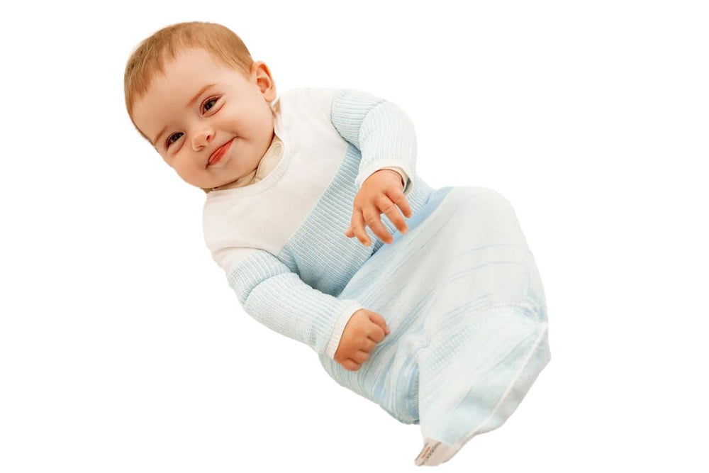 Swaddelini arms out sleep sack front view in blue supports gentle soothing for calmer nights