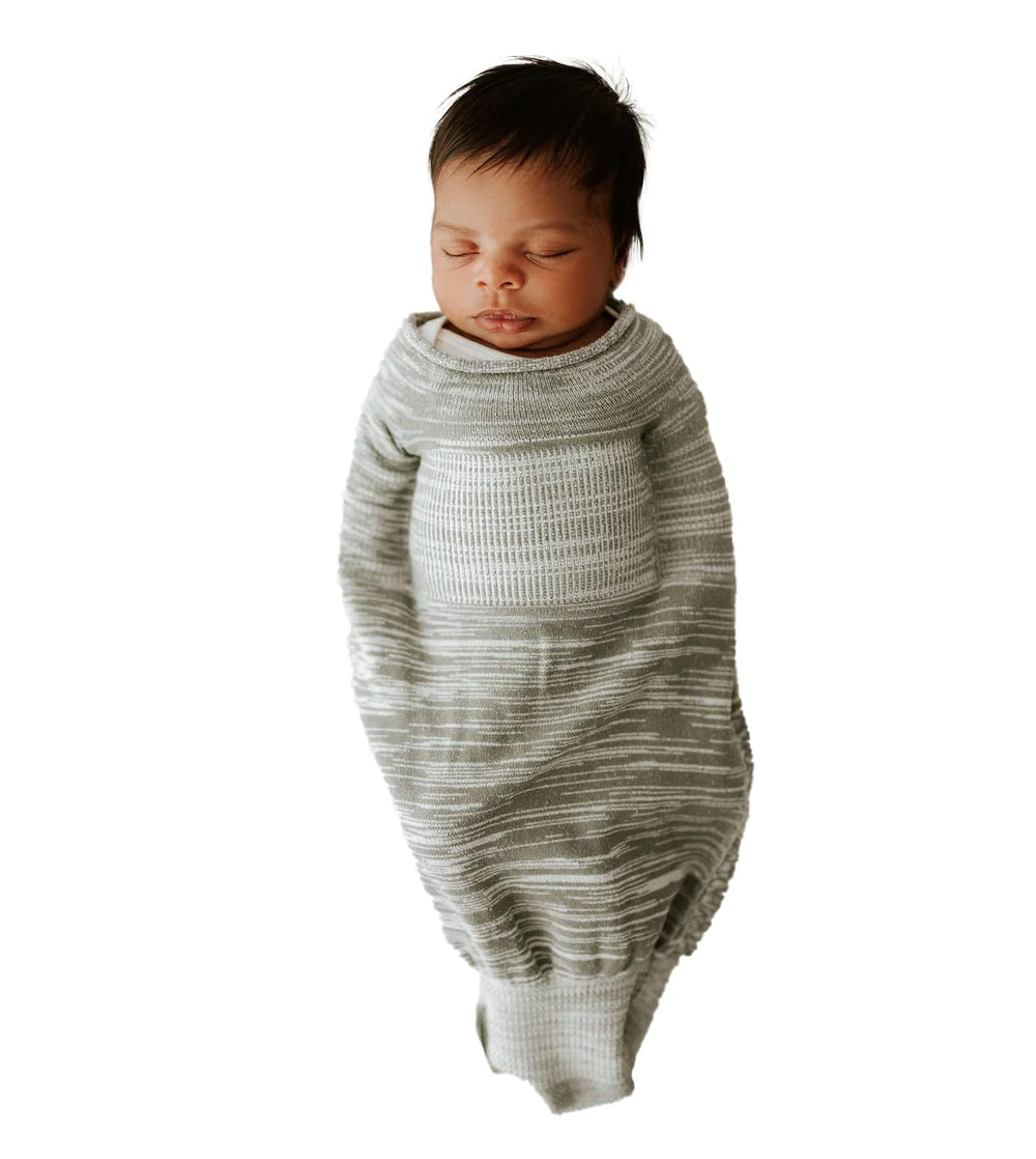 Swaddelini grey swaddle sleep sack, front view, soft eco-friendly fabric.