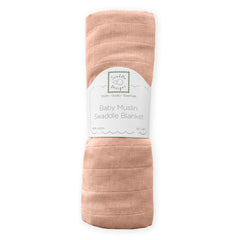 SwaddleDesigns peach blush muslin blanket shows 46x46 size with open weave.