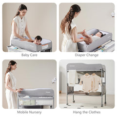 Sweeby changing table on wheels allows quiet, smooth movement between rooms