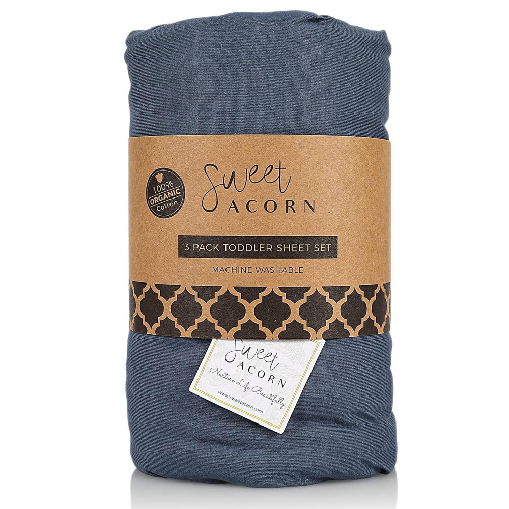 Sweet Acorn Bay Blue bedding set hero shows soft organic cotton for cozy nights