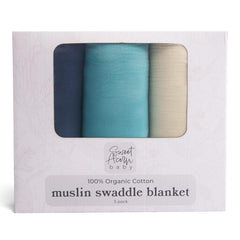 Sweet Acorn Muslin Swaddle Blanket blue closeup shows soft cotton texture for newborn comfort