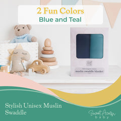 Sweet Acorn swaddle in blue-teal hues demonstrating all-season warmth for babies.