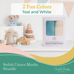 Sweet Acorn muslin swaddle on crib demonstrates all-season comfort.