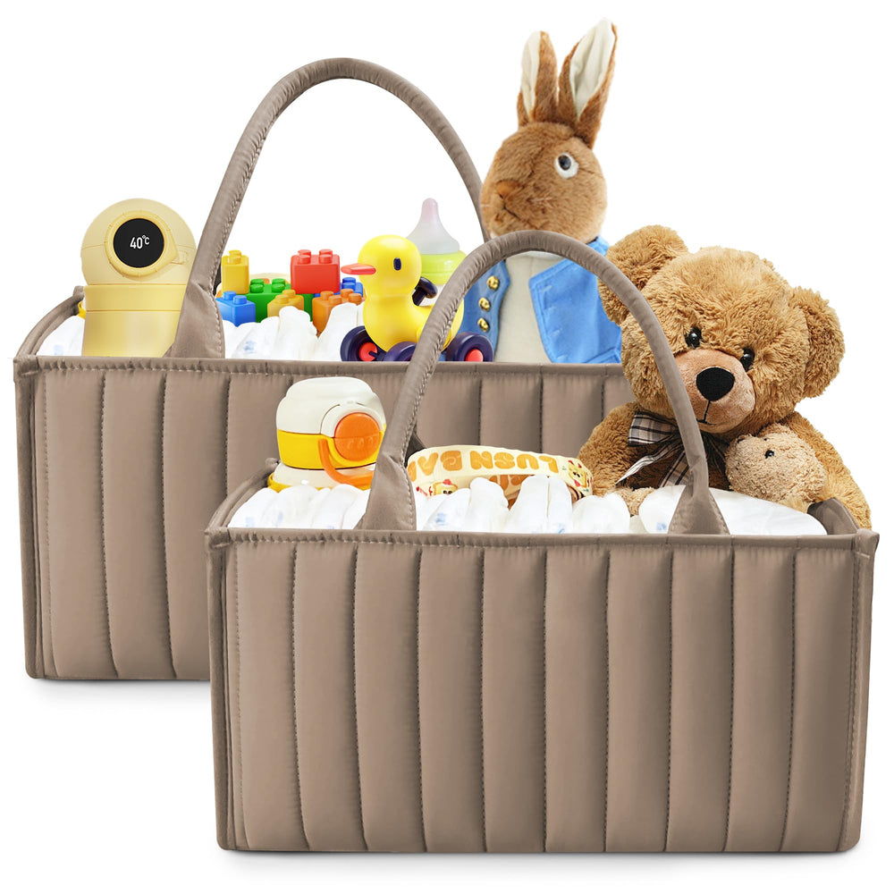Sweet Dolphin quilted diaper caddy mocha front view keeps nursery essentials within reach
