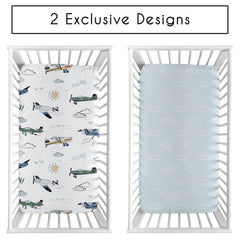 Sweet Jojo Designs aviation prints green yellow gray crib sheet highlights playful pattern for vibrant nursery decor.