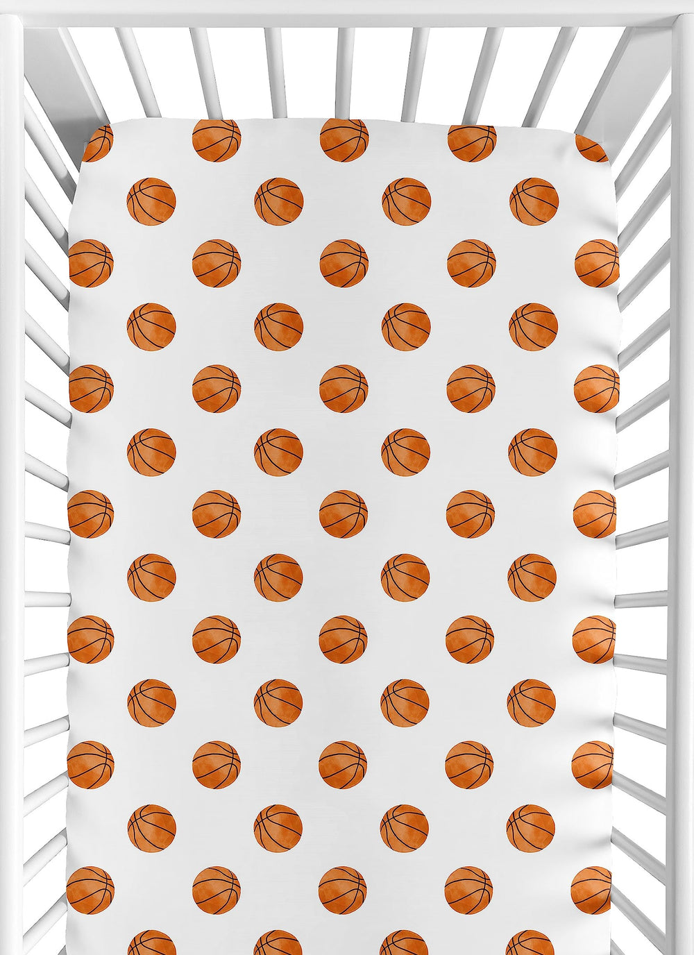 Sweet Jojo Designs basketball crib sheet with orange and white print for snug fit.