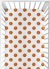 Sweet Jojo Designs basketball crib sheet with orange and white print for snug fit.