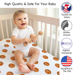 Sweet Jojo Designs basketball print crib sheet view in nursery setting.
