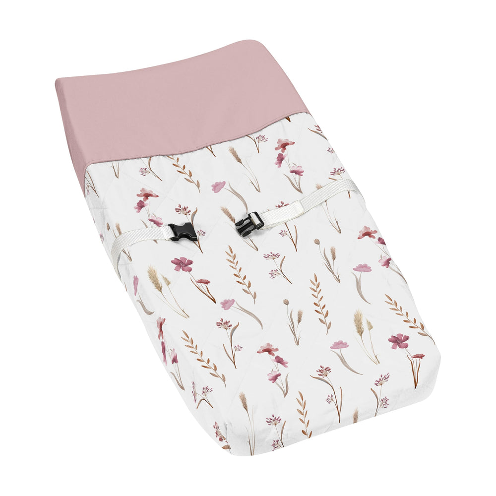 Sweet Jojo Designs boho floral garden change pad cover with rose mauve pink for gentle diaper changes.