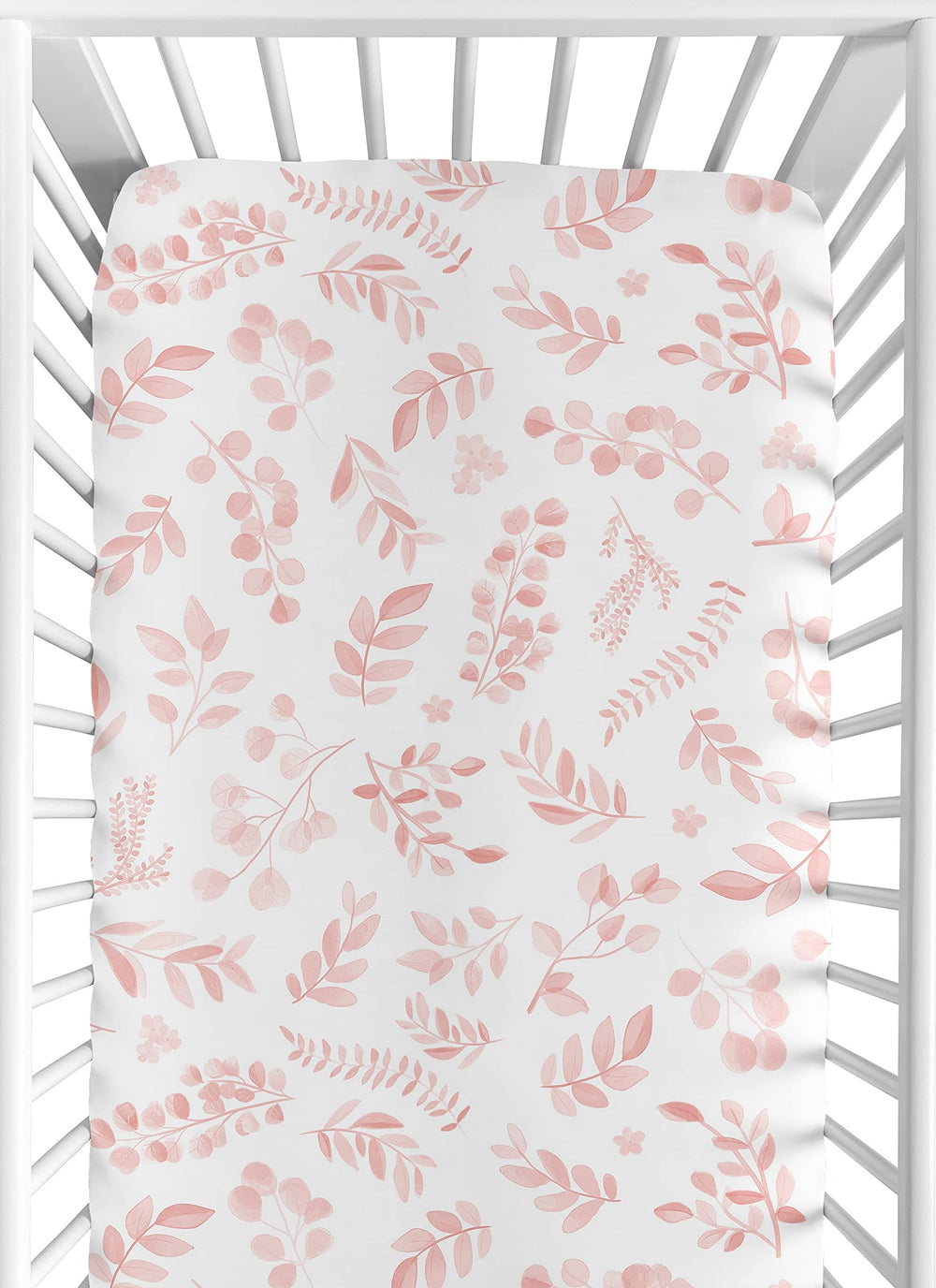 Sweet Jojo Designs boho pink floral leaf crib sheet offers snug fit for standard cribs.