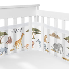 Sweet Jojo Designs BreathableBaby Jungle Animals long panel crib liner keeps little limbs inside while adding style.