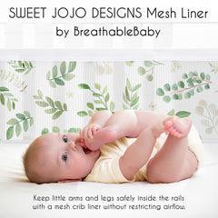Sweet Jojo Designs botanical garden liner adds texture to sage nursery via breathable mesh.