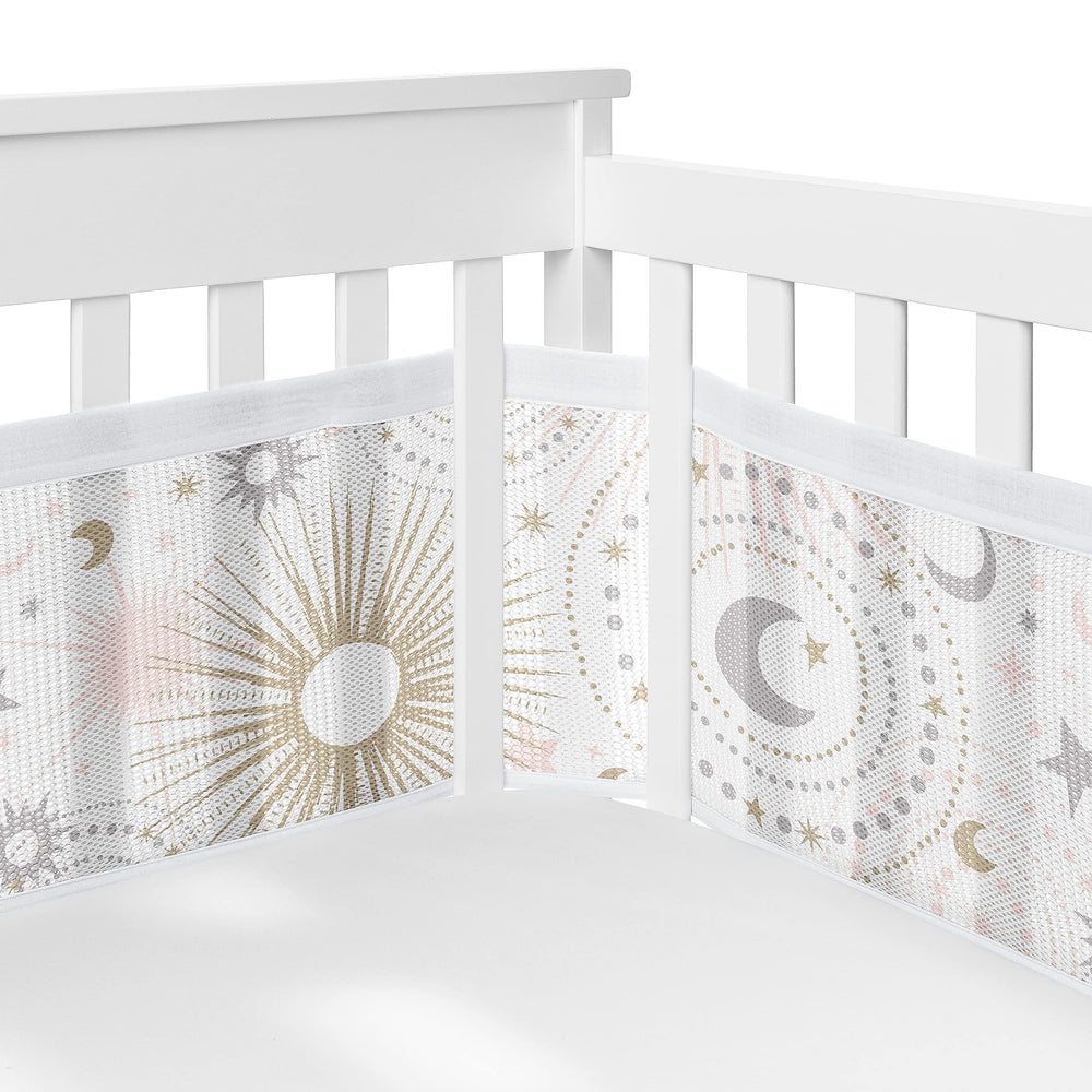 Sweet Jojo Designs breathable mesh crib liner with stars and moon in blush pink enhances safety and peaceful sleep