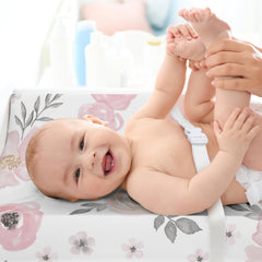 Sweet Jojo Designs pink rose floral nursery coordinates with coordinating bedding and decor.