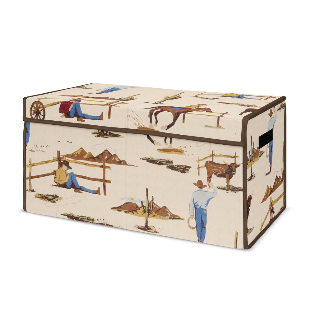 Sweet Jojo Designs Cowboy Wild West toy bin front view keeps toys organized.