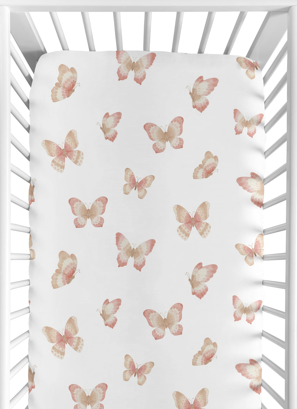 Sweet Jojo Designs crib sheet front view in pink taupe boho butterfly for cozy sleep.