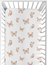 Sweet Jojo Designs crib sheet front view in pink taupe boho butterfly for cozy sleep.