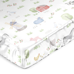 Sweet Jojo Designs farm animals satin crib sheet closeup showing soft texture and gentle touch