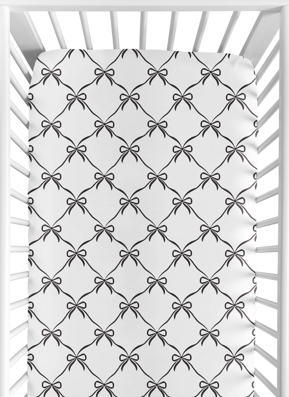 Sweet Jojo Designs fitted crib sheet with black bows offers a snug, stylish nursery