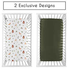 Sweet Jojo Designs forest animal watercolor print crib sheet enhances a calming woodland nursery