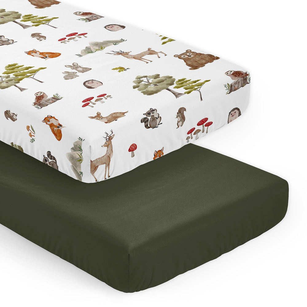Sweet Jojo Designs forest animals green crib sheets offer a soft snug fit for crib mattresses