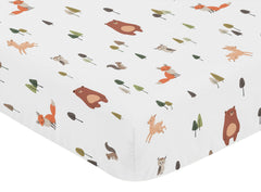 Sweet Jojo Designs forest fox deer squirrel crib sheet supports easy care.