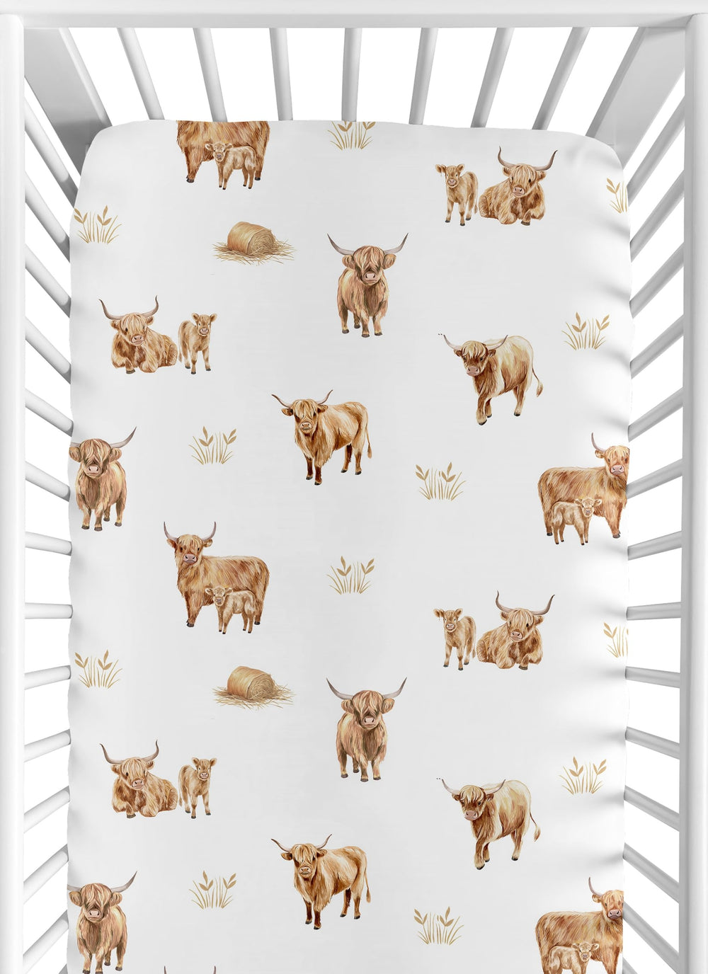 Sweet Jojo Designs Highland cow watercolor crib sheet adds calming color to your nursery.