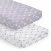 Sweet Jojo Designs lavender bows crib sheet – front view shows snug fit.