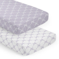 Sweet Jojo Designs lavender bows crib sheet – front view shows snug fit.