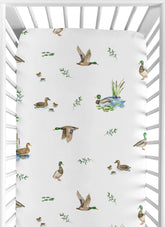 Sweet Jojo Designs mallard duck cottagecore fitted sheet with watercolor ducks for crib comfort.