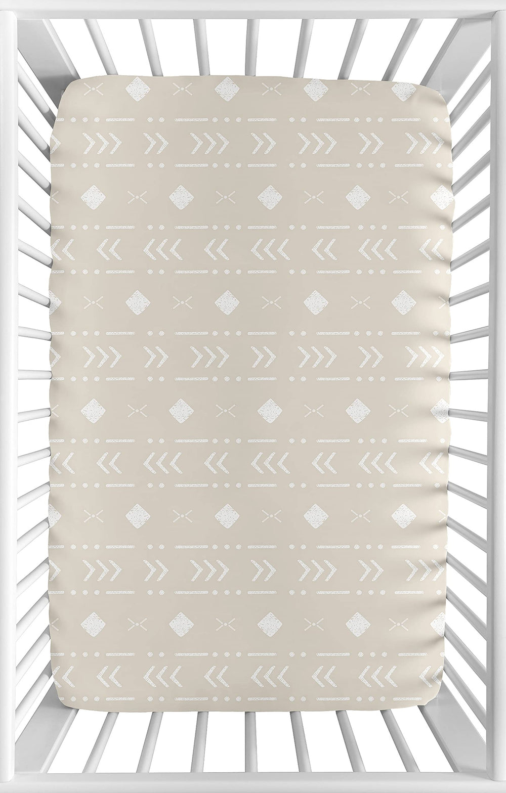 Sweet Jojo Designs mini crib sheet in boho aztec print ensures secure fit on portable cribs