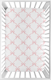Sweet Jojo Designs mini crib sheet pink bows close-up, soft microfiber gentle on delicate skin.