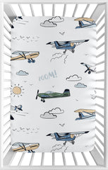 Sweet Jojo Designs mini crib sheet with vintage airplane print for snug sleep