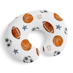 Sweet Jojo Designs muslin nursing pillow cover with sports theme for boys; machine washable.