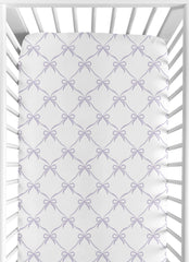 Sweet Jojo Designs purple bows fitted crib sheet showing snug fit for standard cribs.